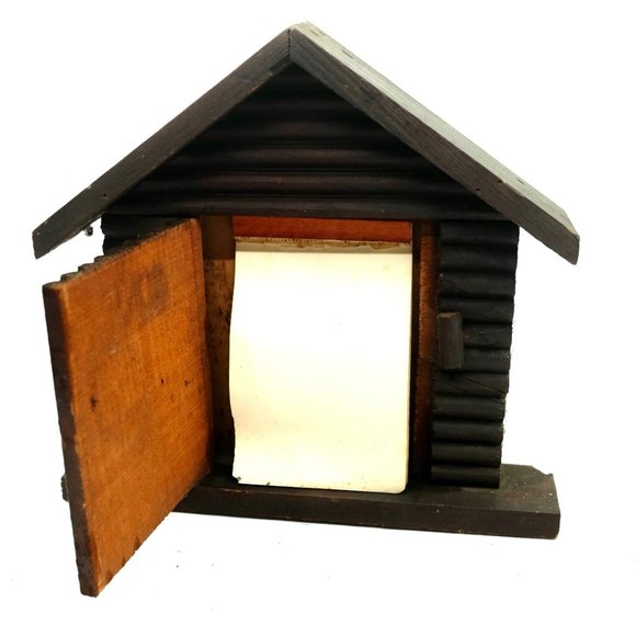 ANTIQUE VINTAGE HANDCRAFTED ART WOOD LOG CABIN NOTE PAD HOLDER - Picture 1 of 6